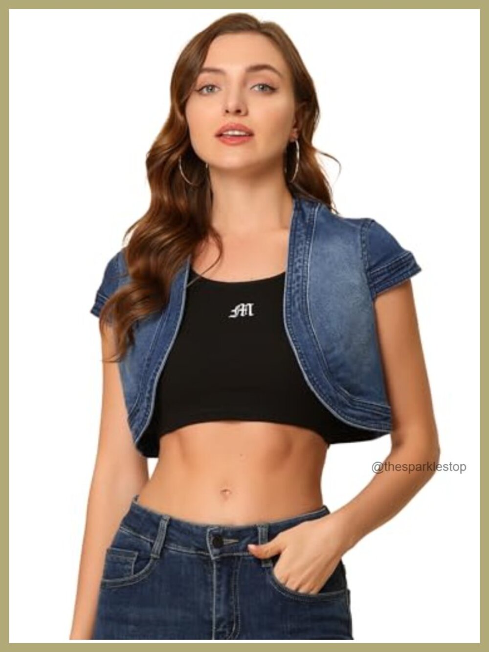 Women's Cropped Denim Jacket Cap Sleeve Open Front Casual